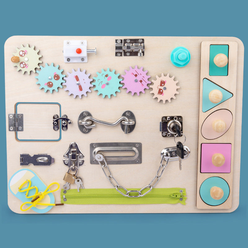 Happy Tiny Mart Natural Wood Sensory Board with Locks Latches and Gears