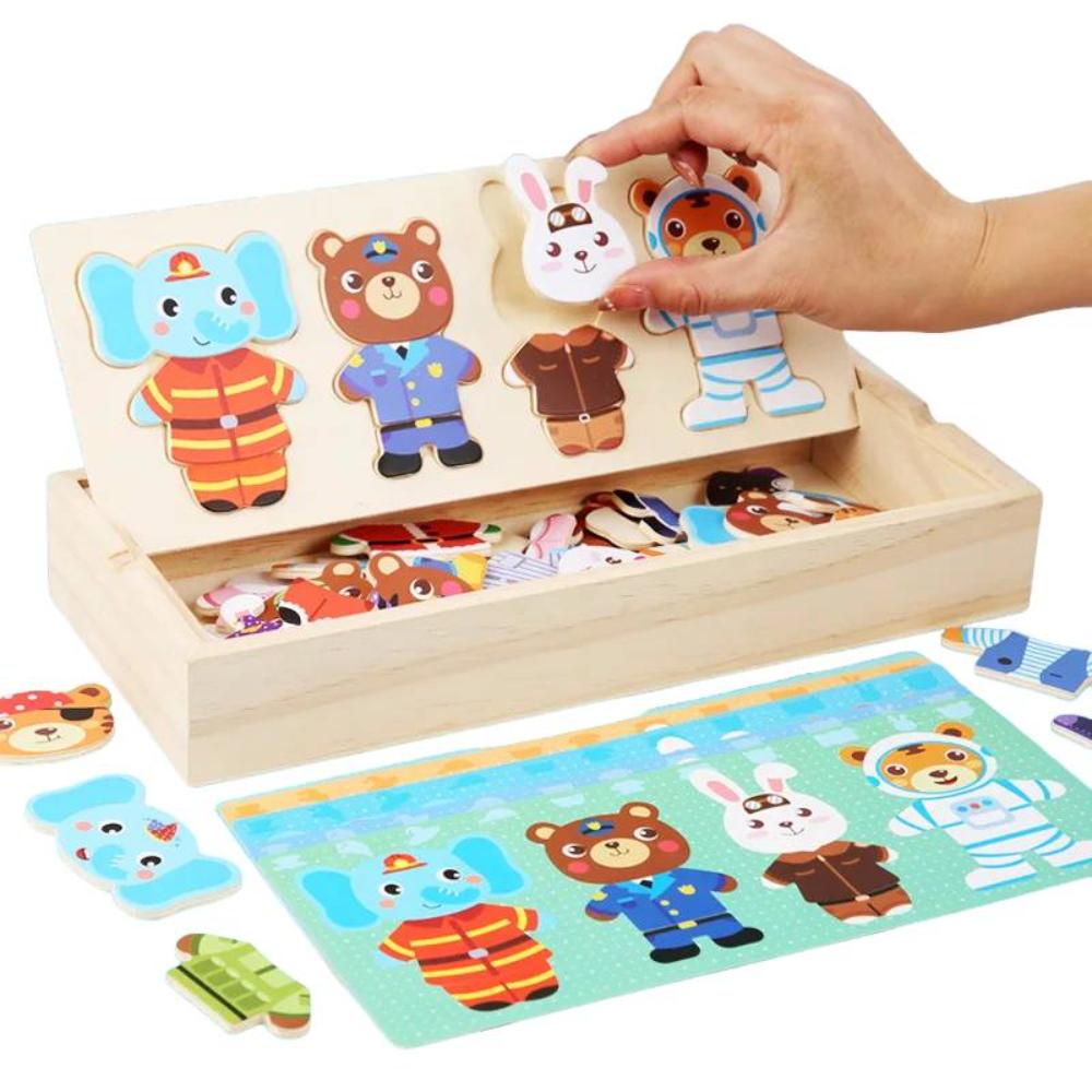 Natural Wood Animal Themed Dress-up Toy Set With Storage Container