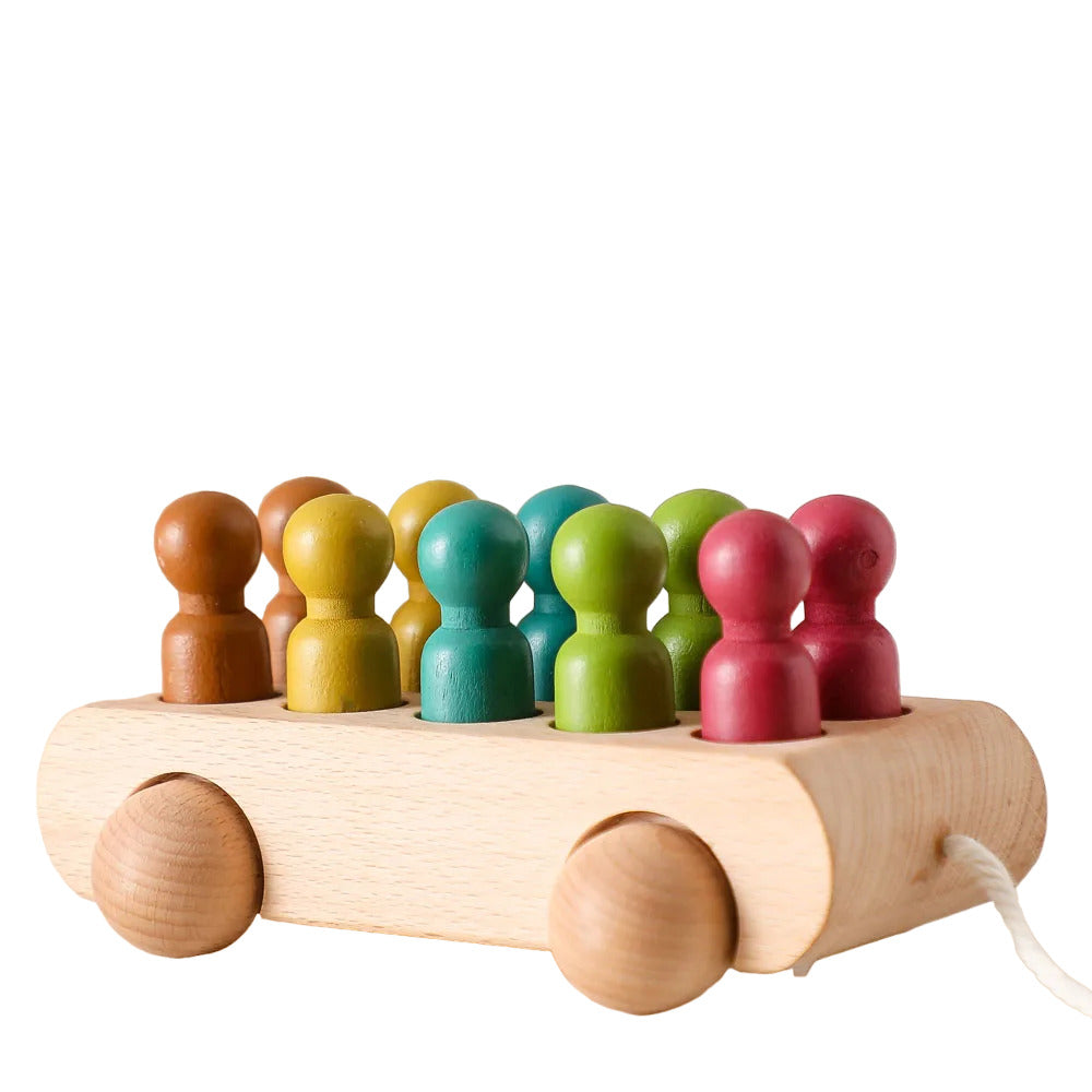 Happy Tiny Mart Wooden Beech Trolley with Ten Colored Peg Dolls