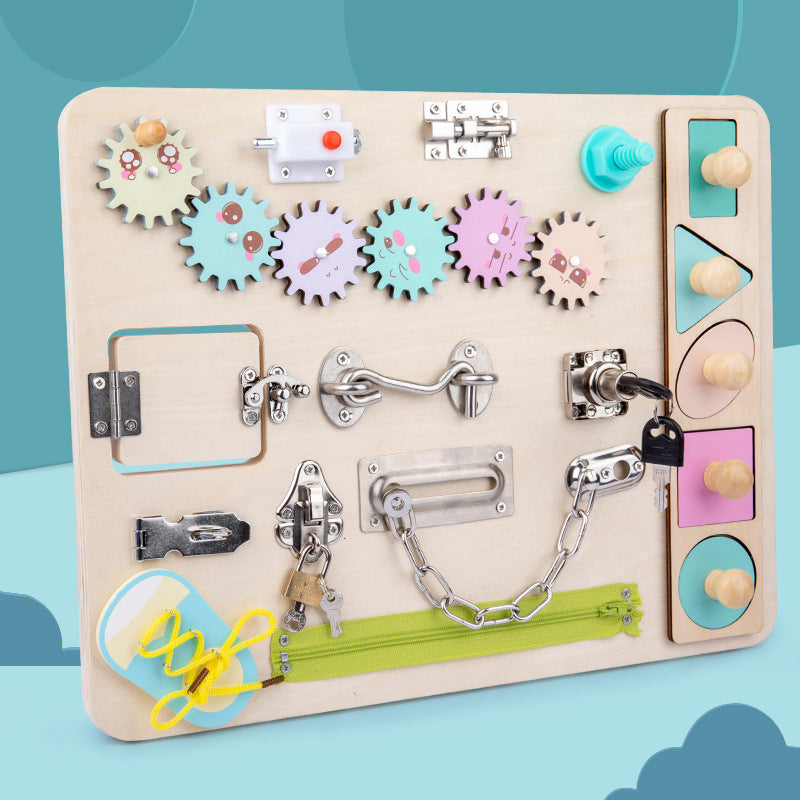 Happy Tiny Mart Natural Wood Sensory Board with Locks Latches and Gears