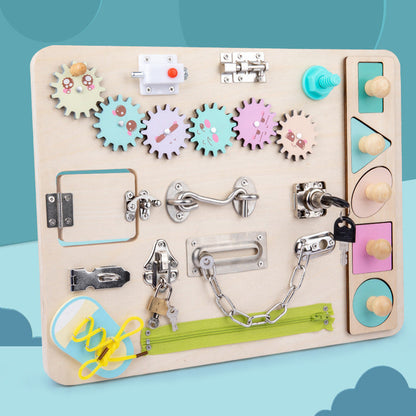 Happy Tiny Mart Natural Wood Sensory Board with Locks Latches and Gears