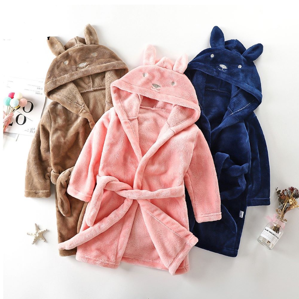 Unisex Flannel Hooded Bathrobe with Rabbit Design for Children