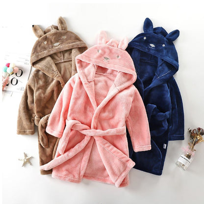 Unisex Flannel Hooded Bathrobe with Rabbit Design for Children