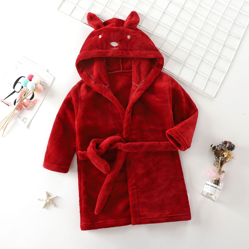 Unisex Flannel Hooded Bathrobe with Rabbit Design for Children