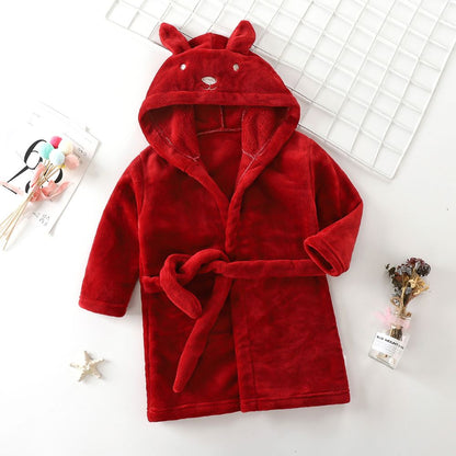 Unisex Flannel Hooded Bathrobe with Rabbit Design for Children