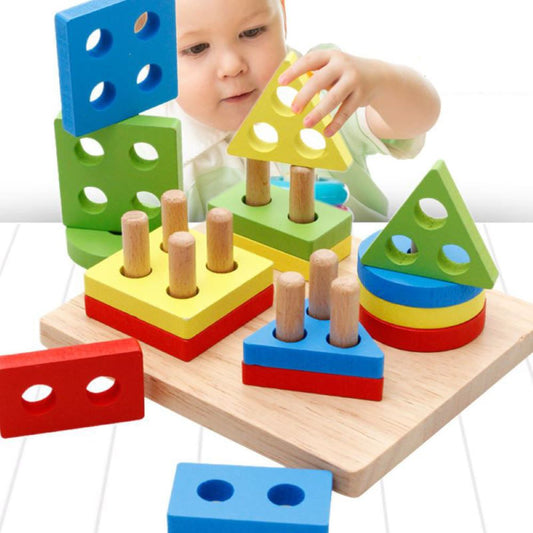 Happy Tiny Mart Wooden Geometric Sorting and Stacking Blocks for Children 1 Year Plus