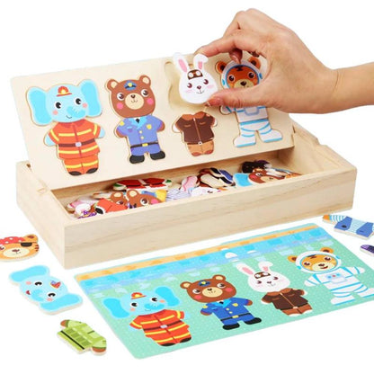 Natural Wood Animal Themed Dress-up Toy Set With Storage Container