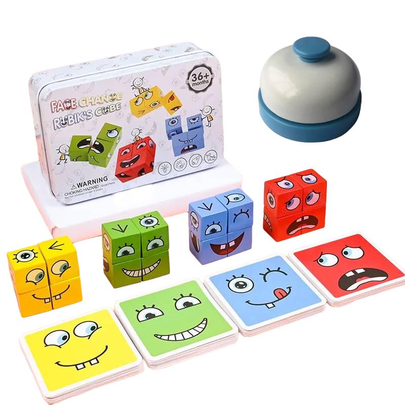 Wooden Face Changing Building Blocks Game with Cards and Bell for Children