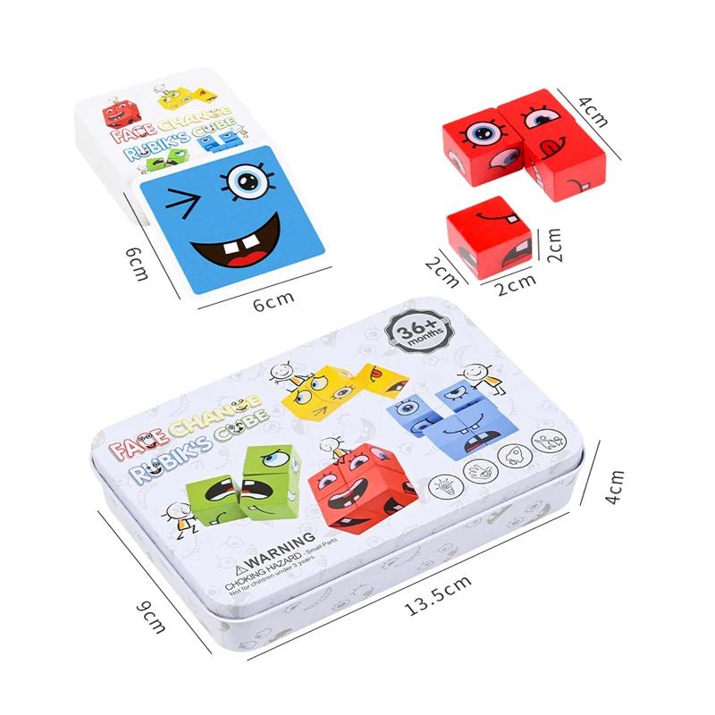 Wooden Face Changing Building Blocks Game with Cards and Bell for Children