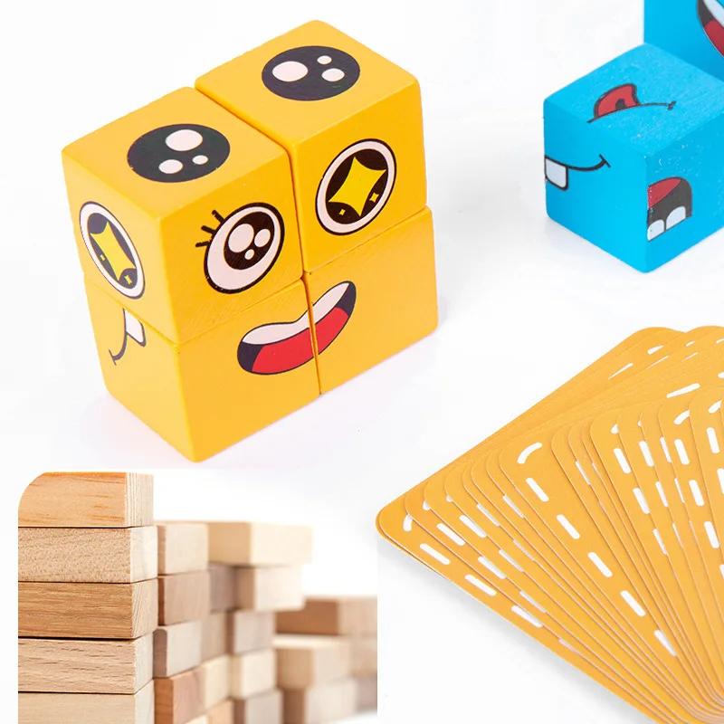 Wooden Face Changing Building Blocks Game with Cards and Bell for Children