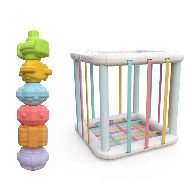 Happy Tiny Mart ABS Plastic Multi-Sensory Shape Sorting Cube with Elastic Bands