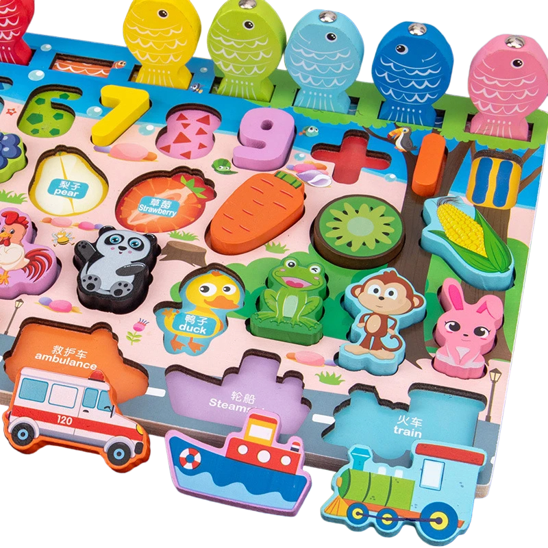 Natural Wood Geometric Shape Sorting and Color Recognition Montessori Board