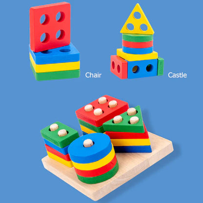 Happy Tiny Mart Natural Wood Geometric Multi-Shape Sorting and Stacking Toy-HappyTinyMart