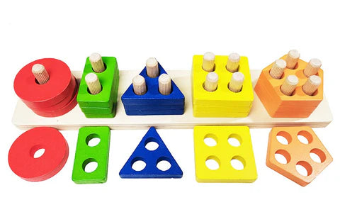 Happy Tiny Mart Natural Wood Geometric Multi-Shape Sorting and Stacking Toy-HappyTinyMart