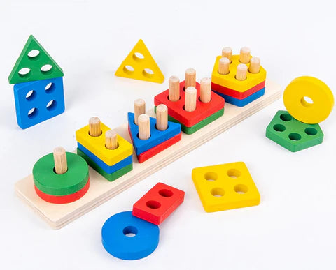 Happy Tiny Mart Natural Wood Geometric Multi-Shape Sorting and Stacking Toy-HappyTinyMart