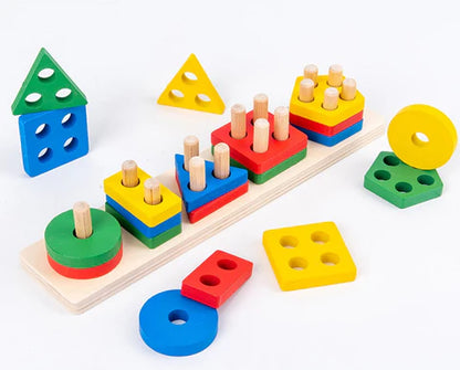 Happy Tiny Mart Natural Wood Geometric Multi-Shape Sorting and Stacking Toy-HappyTinyMart