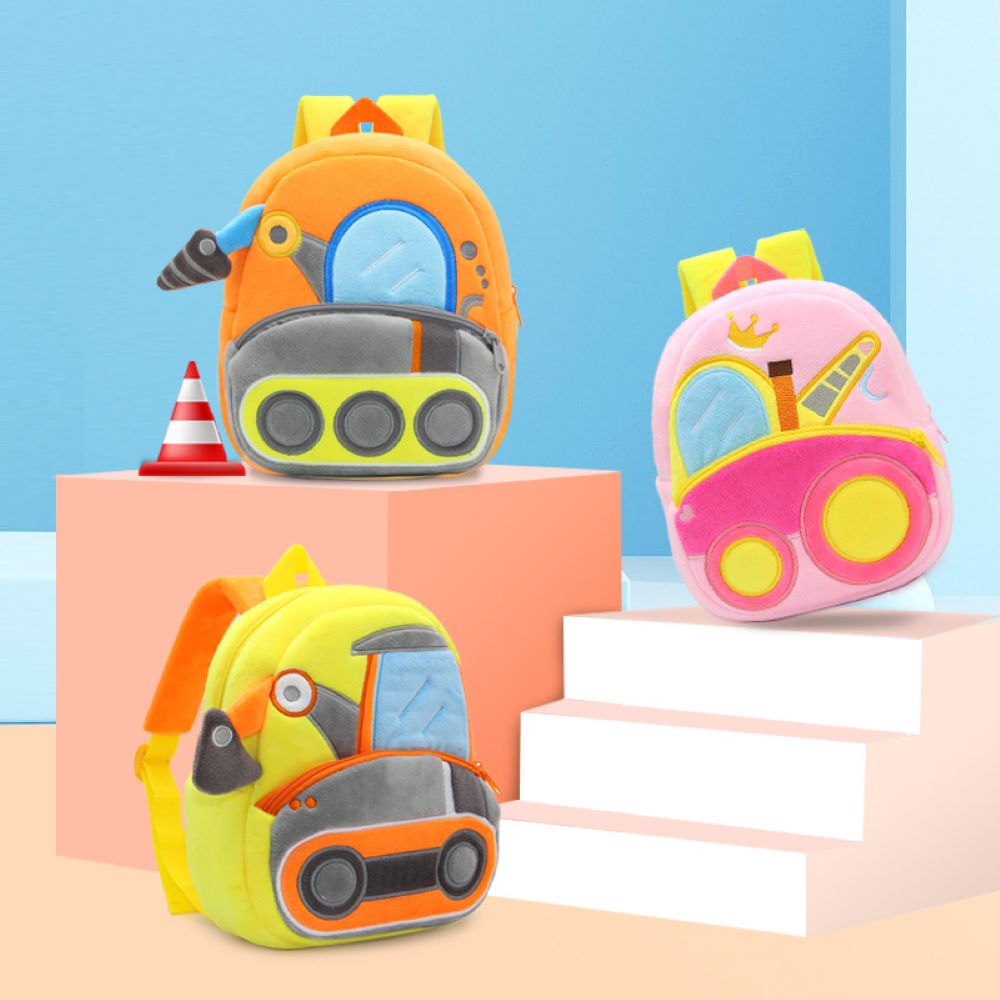 Polyester Plush Engineering Car Pattern Mini Backpack for Nursery and Kindergarten