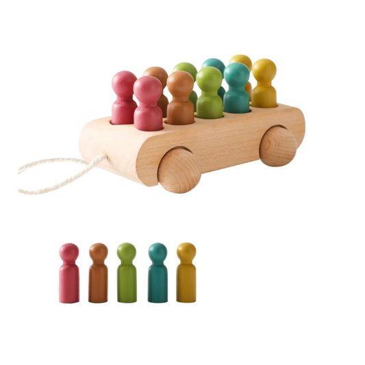 Happy Tiny Mart Wooden Beech Trolley with Ten Colored Peg Dolls