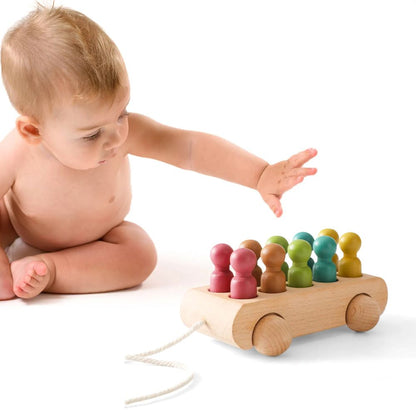 Happy Tiny Mart Wooden Beech Trolley with Ten Colored Peg Dolls