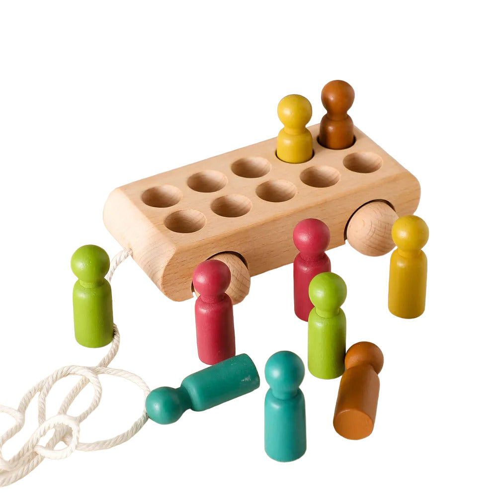 Happy Tiny Mart Wooden Beech Trolley with Ten Colored Peg Dolls