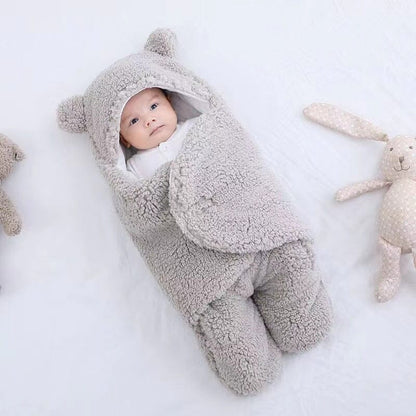 Cotton and Berber Fleece Hooded Baby Swaddle Sleeping Bag with Legs