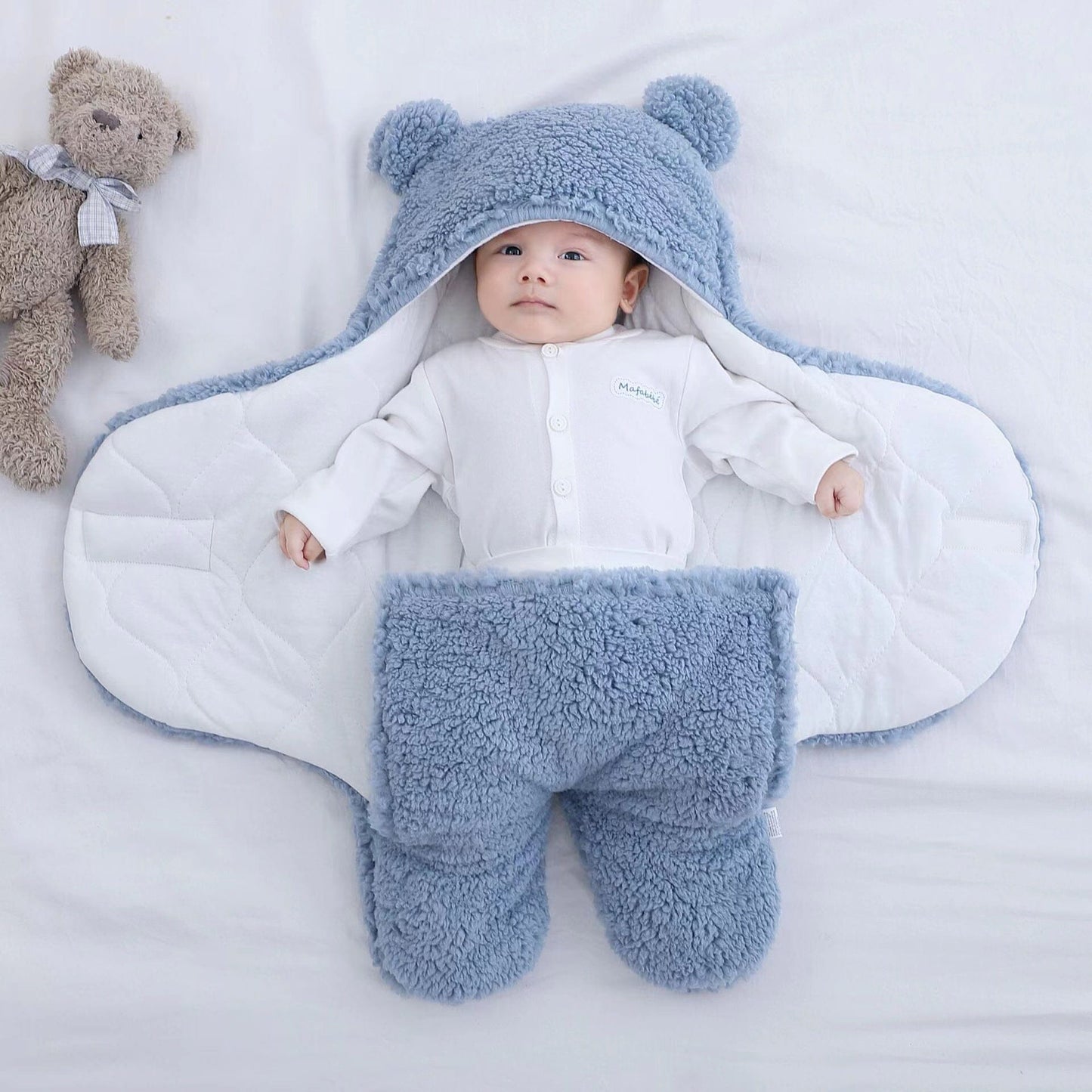 Cotton and Berber Fleece Hooded Baby Swaddle Sleeping Bag with Legs